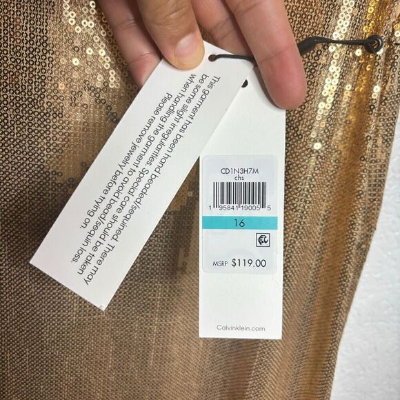 Calvin Klein Womens Sheath Dress Gold Sequined SZ 16 Sleeveless Lined Round Neck - Picture 11 of 13